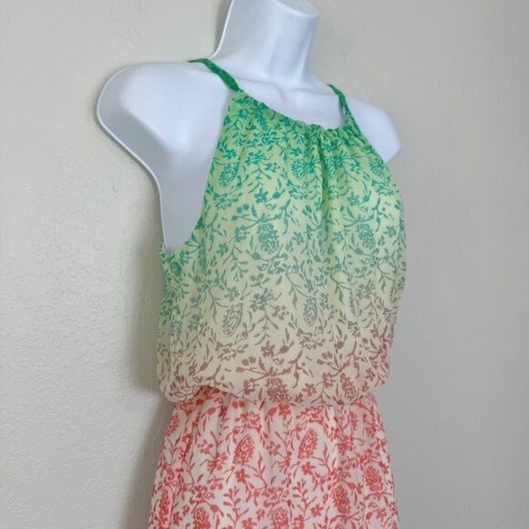 Old Navy Green and Pink blouson Tiered Maxi Dress sleeveless holiday S - Picture 3 of 11
